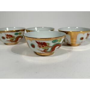 Set of 4 Jingdezhen Chinese Dragon Porcelain Bowls Gold Trim 4”